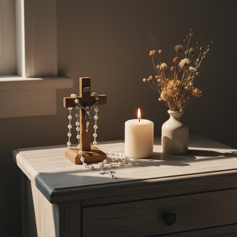 Rosario classico con perle in plastica e croce pendente 8,5 cm. Elegante, leggero, ideale per doni religiosi e cerimonie.