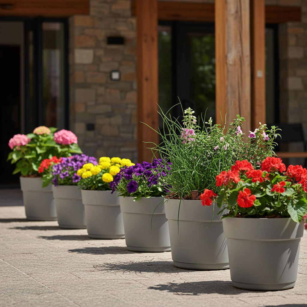 Scena 4 – Eco-hotel, fila di vasi Bloom all'ingresso con fiorite
