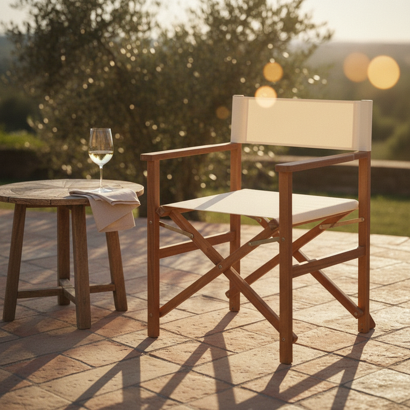 Sedia regista pieghevole outdoor: Bizzotto Noemi in acacia e tessuto écru idrorepellente, 52×59×83 cm. Elegante per terrazza e giardino. ean 8051836214767