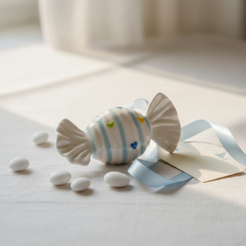 Decora il frigo con il magnete caramella Etm Candy in porcellana celeste, ø 6,5 cm. Bomboniera battesimo originale.