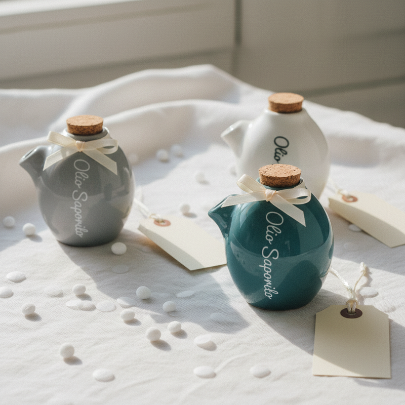 Mini oliera Etm Style in ceramica decorata, ø 6 cm H.7 cm, soggetti assortiti. Bomboniera e regalo originale per la tavola.
