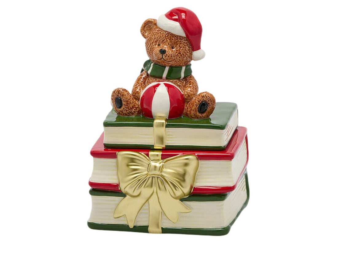 EDG Enzo De Gasperi Contenitore Natalizio Orso con Libri in Ceramica H23x16,5x16,5 cm Verde Rosso – Decorazione di Natale