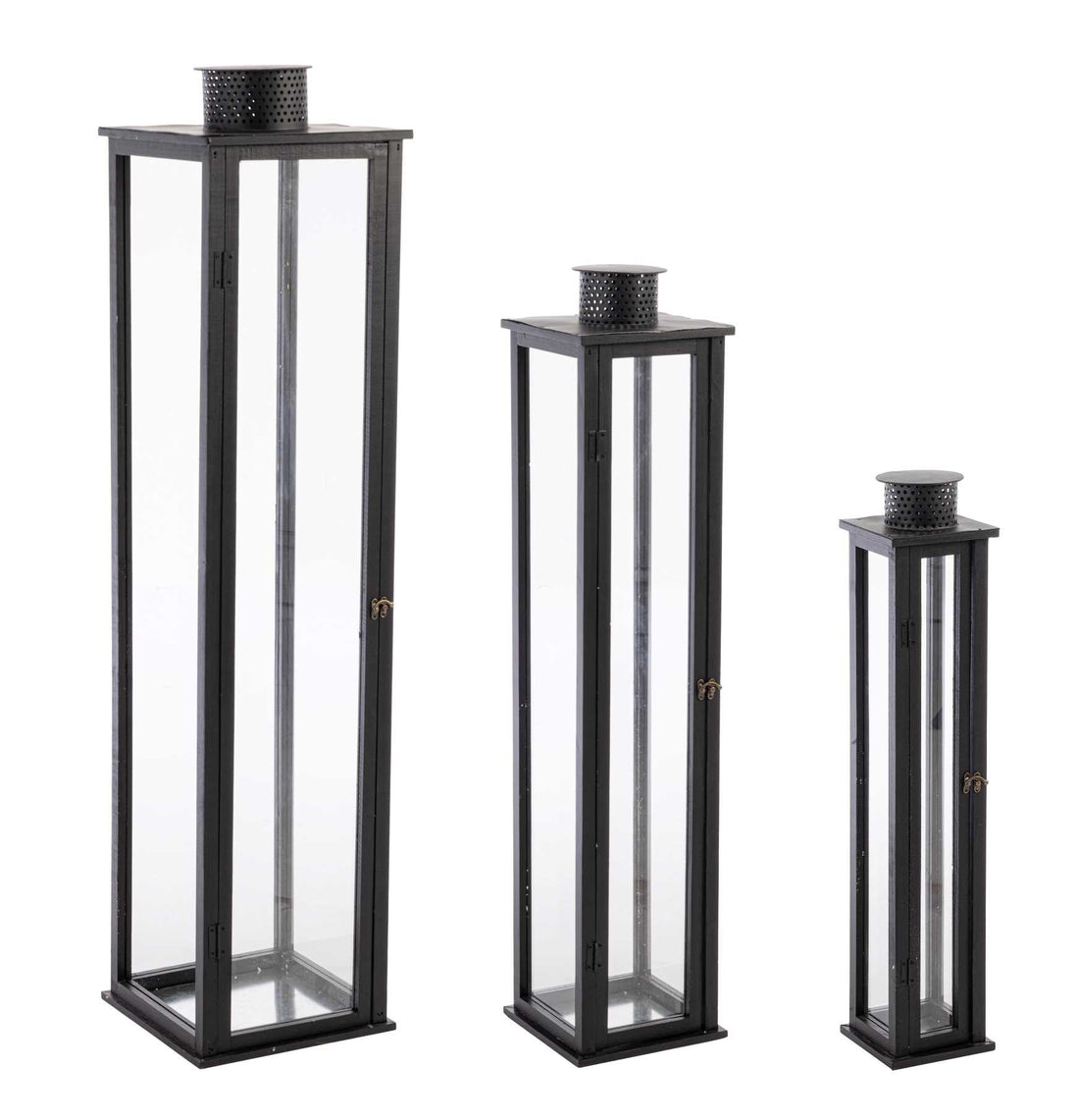 Bizzotto Set 3 Linternas Torsti Negro Madera, Vidrio y Metal