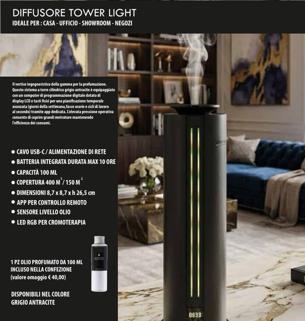 DESSENZE Difusor de Fragancias de Alta Presión Tower Light Gris Antracita – Ambientador Frutos Rojos