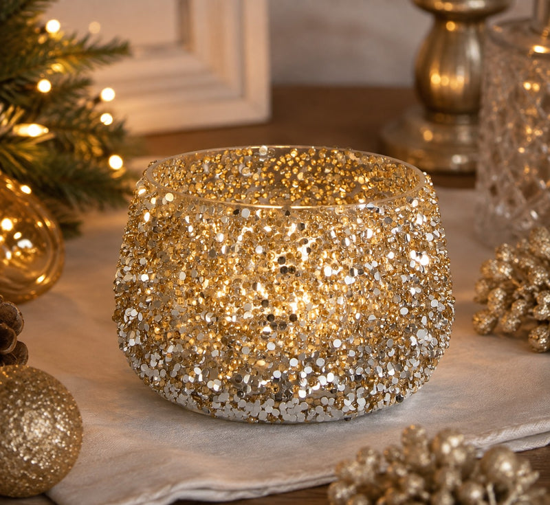 Bizzotto Portacandela Brillant Oro in Vetro D 12x8,5 H cm – Decorazione Natalizia