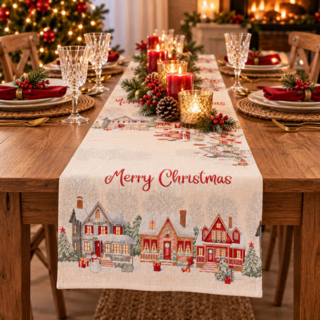 Bizzotto Runner Navideño Village Blanco 183x33 cm – Centro de Mesa Decorativo para la Mesa de Navidad