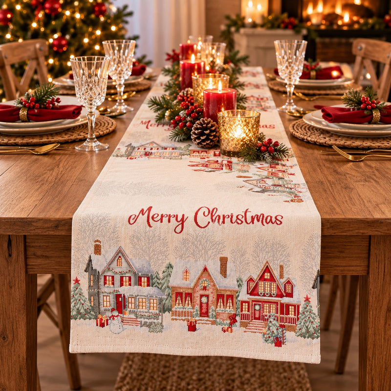 Bizzotto Runner Navideño Village Blanco 183x33 cm – Centro de Mesa Decorativo para la Mesa de Navidad