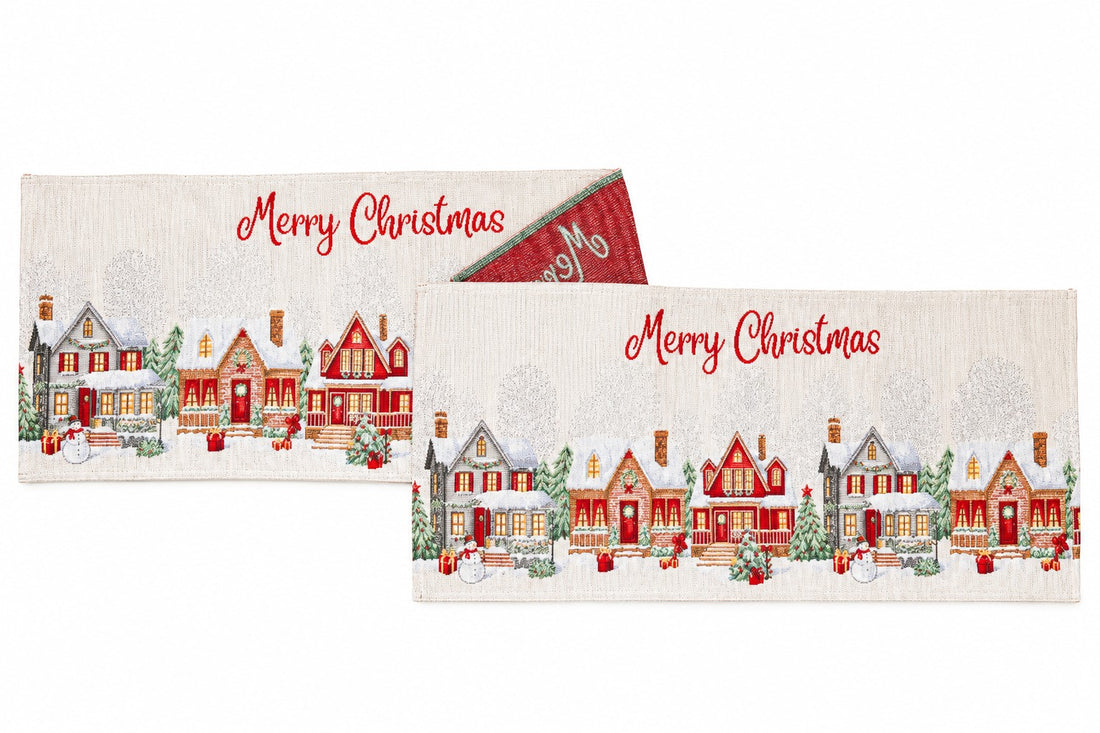 Bizzotto Runner Navideño Village Blanco 183x33 cm – Centro de Mesa Decorativo para la Mesa de Navidad