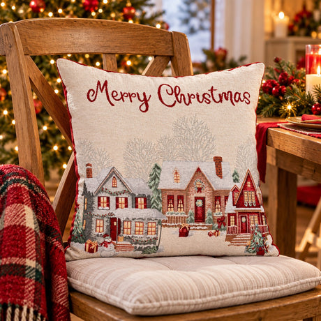 Bizzotto Funda Cojín Navideño Village Blanco 45x45 cm – Funda de Cojín Decorativa para Sofá y Decoración del Hogar en Navidad