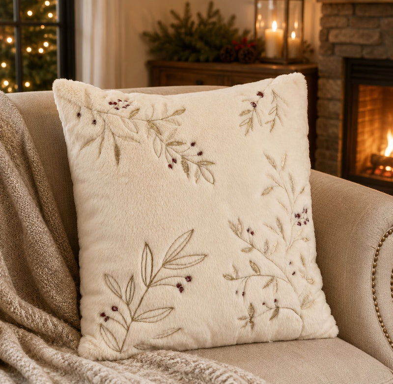 Bizzotto Cuscino Winterberg Avorio con Foglie 45x45 cm – Cuscino Decorativo Natalizio