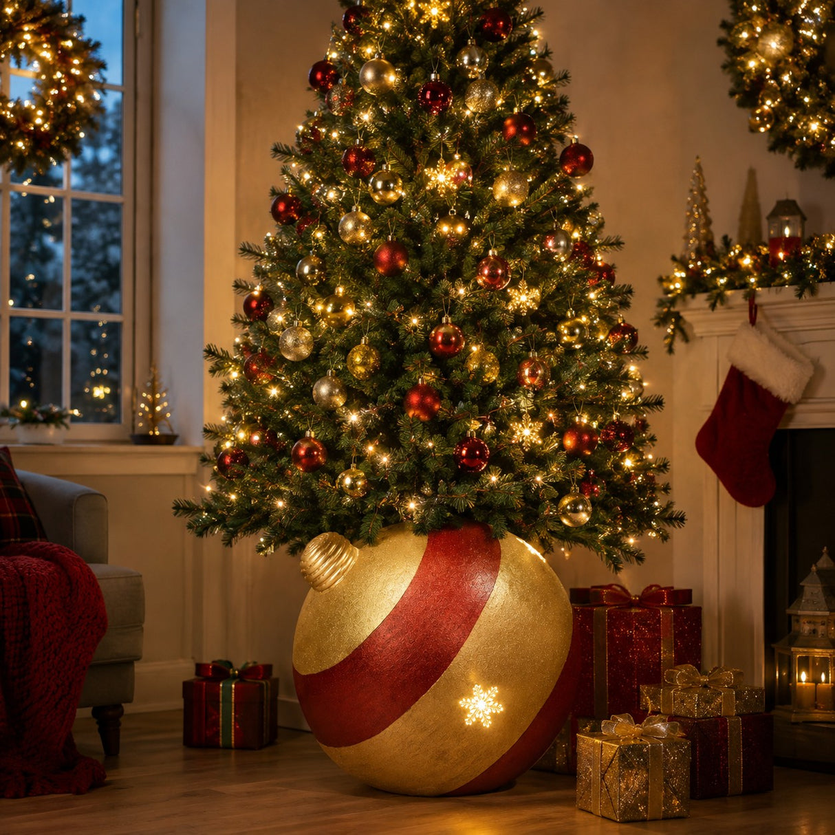 Bizzotto Base per Albero di Natale Flounce Rosso e Oro H 61 cm Copribase Natalizio Decorativo