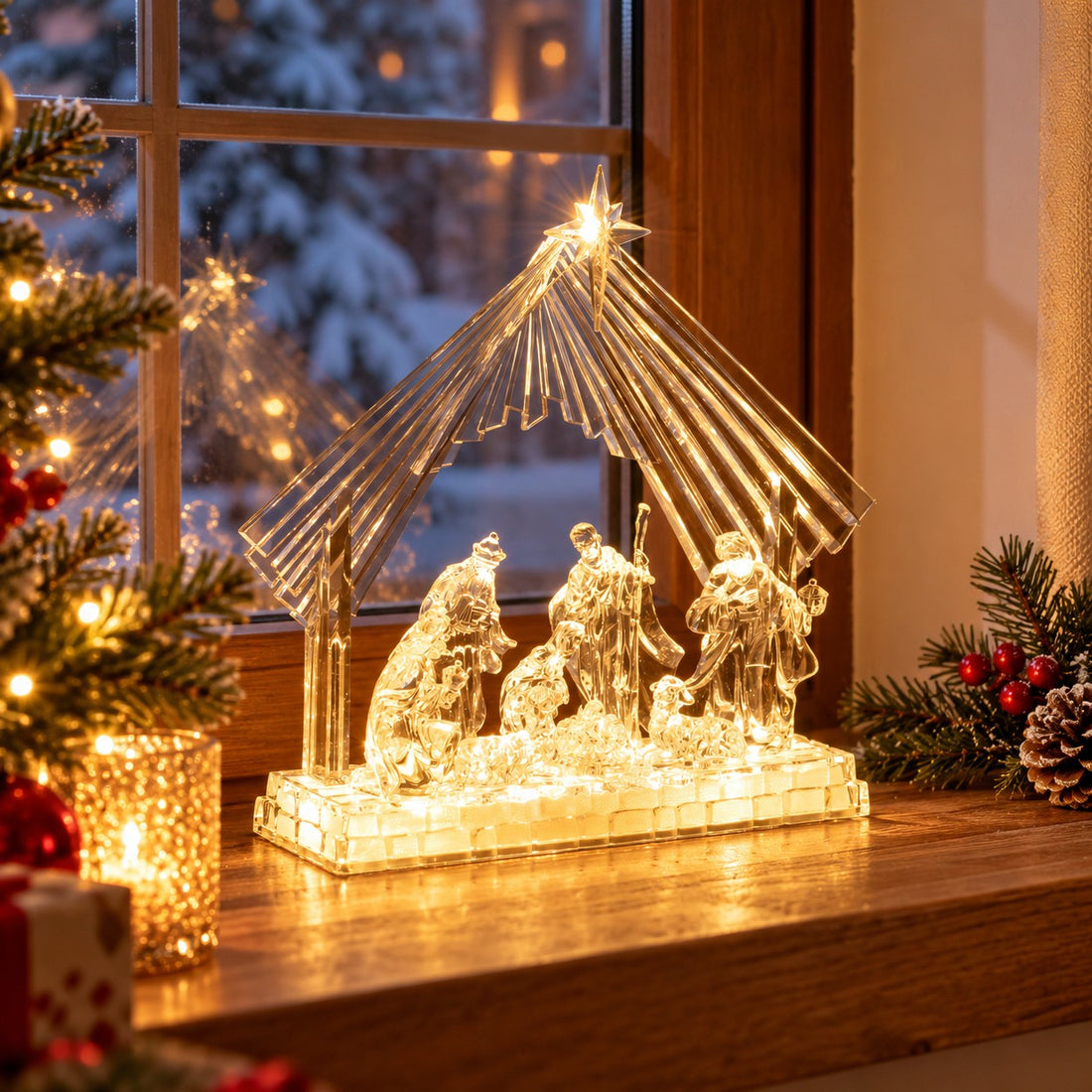 Bizzotto Natividad Silky con Cabaña 8 Figuras H28,5 cm con LED a Batería – Belén Navideño Luminoso Decorativo para el Hogar