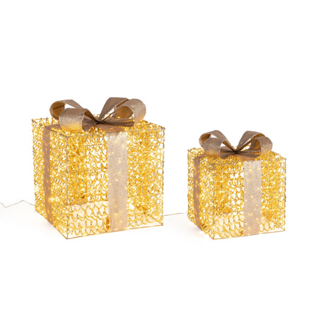 Bizzotto Set 2 Pacchi Regalo Zoe Oro con Micro LED Classic 30x30x36 e 40x40x47 cm Decorazioni Natalizie Luminose
