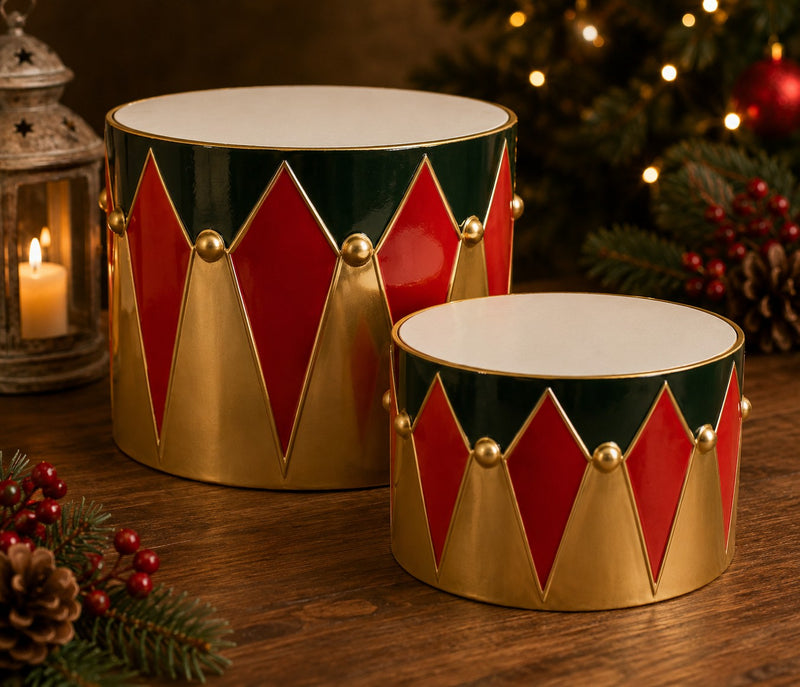 Bizzotto Set 2 Tamburi Decorativi Chaniel Rosso Verde Oro – Decorazioni Natalizie