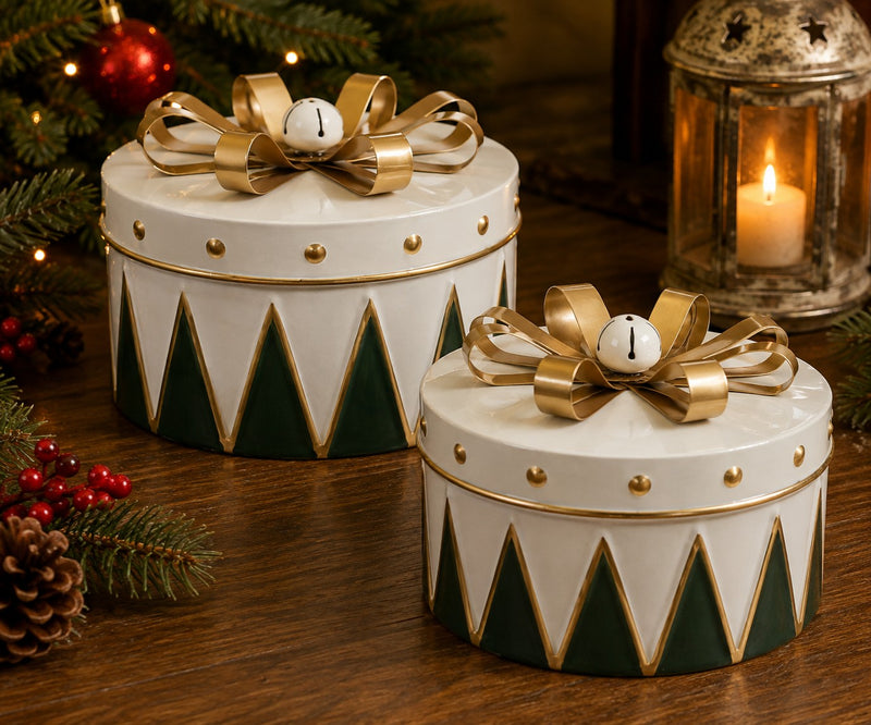 Bizzotto Set 2 Scatole Natalizie Conway Bianco Verde Oro – Decorazioni di Natale