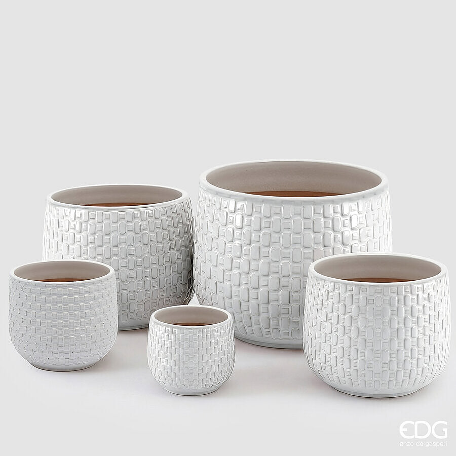 EDG Enzo De Gasperi Jarrón Cachepot Abombado a Cuadros Cerámica Blanco – Set 5 Uds
