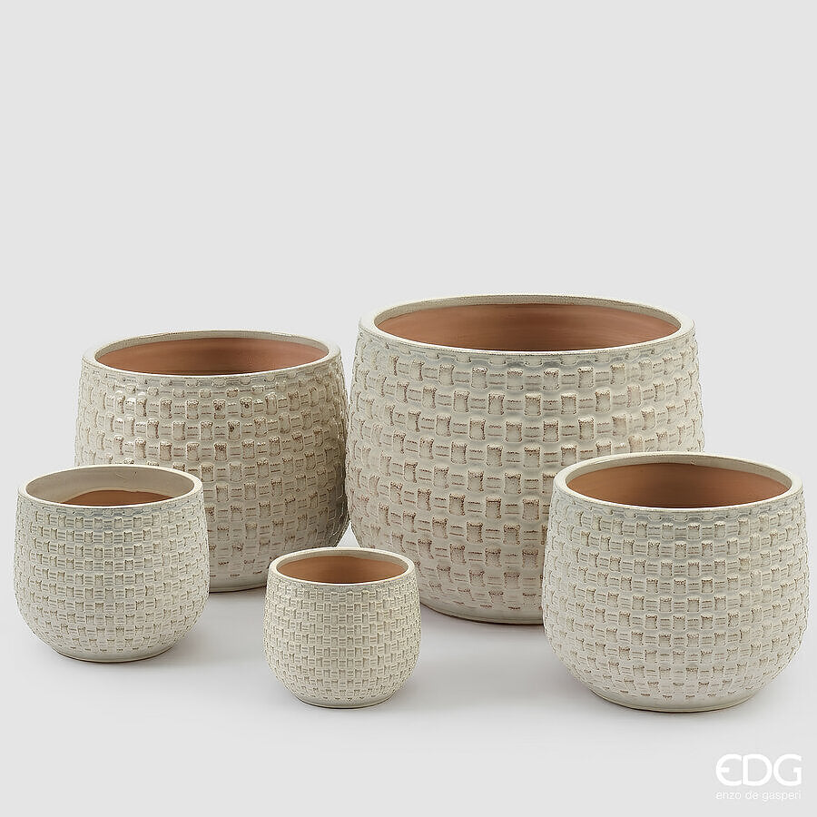 EDG Enzo De Gasperi Jarrón Cachepot Bombado a Cuadros Cerámica Marfil – Set 5 Piezas