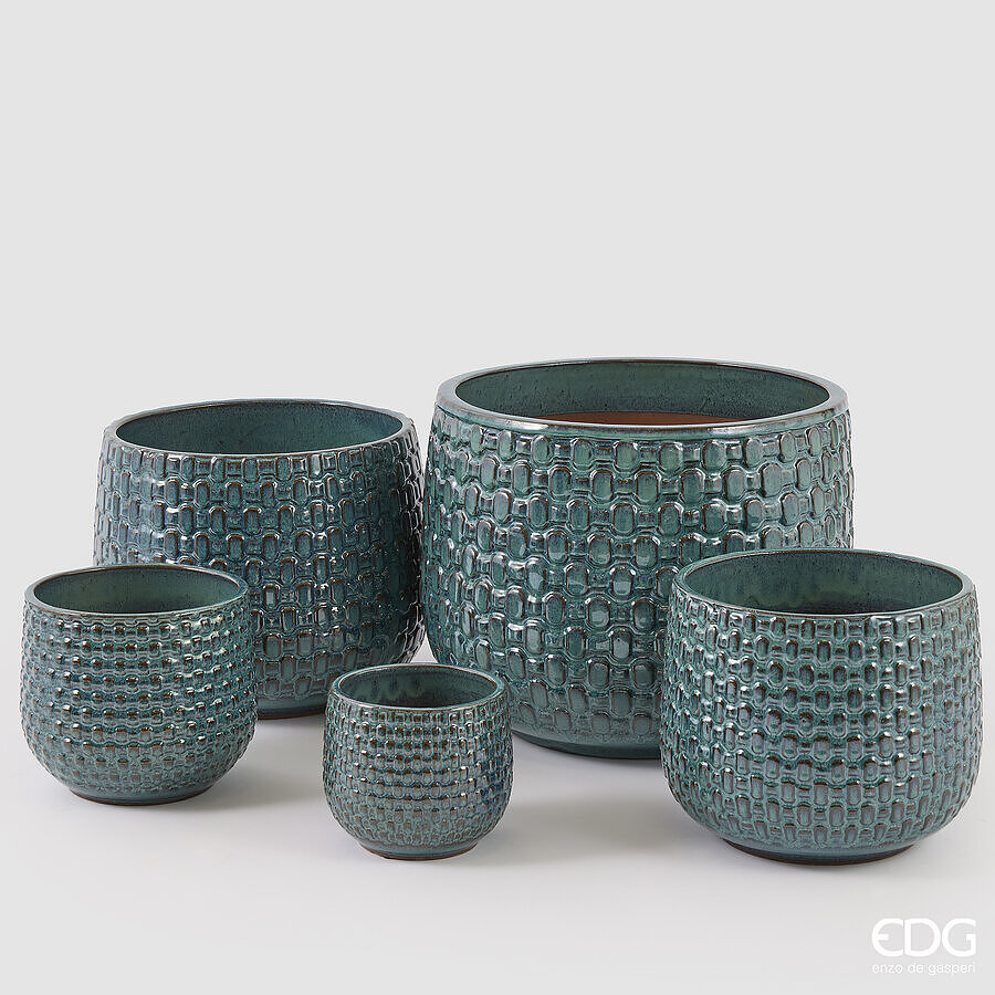 EDG Enzo De Gasperi Jarrón Cachepot Abombado a Cuadrículas Cerámica Teal – Set 5 Uds