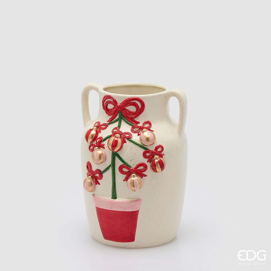EDG Enzo De Gasperi Vaso Anfora Pino con Decori White Red H25 Ø18 cm – Decorazione di Natale