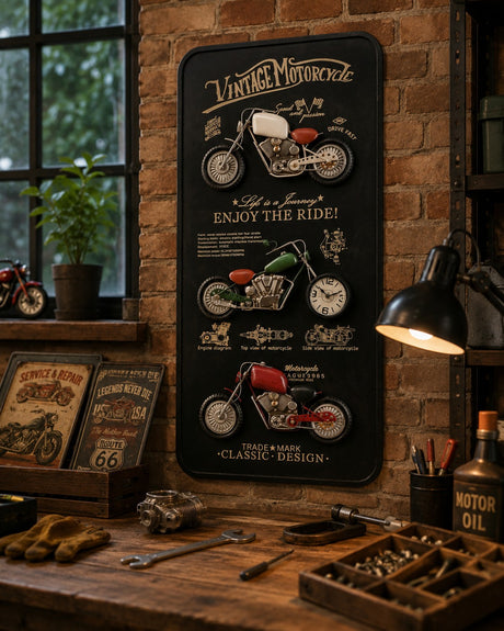 Regalo Italiano Decoración Moto Vintage con Reloj en Metal 60 x 12 x 8 cm – Estilo Industrial