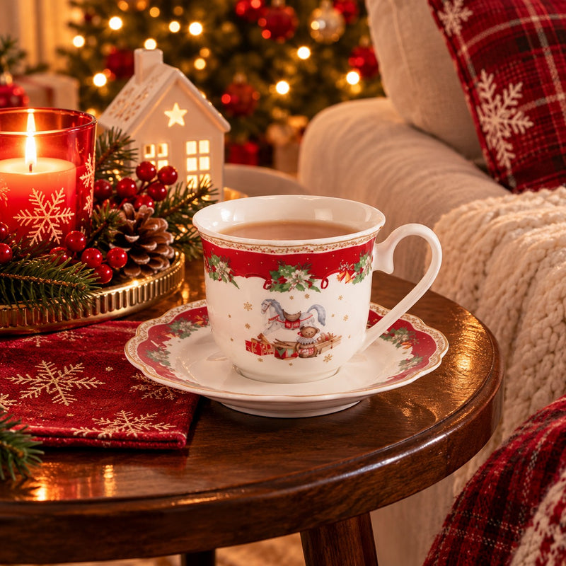 Ad Trend Taza de Té Navideña con Platillo Ø10xH8 cm – Set Taza y Platillo para la Mesa de Navidad