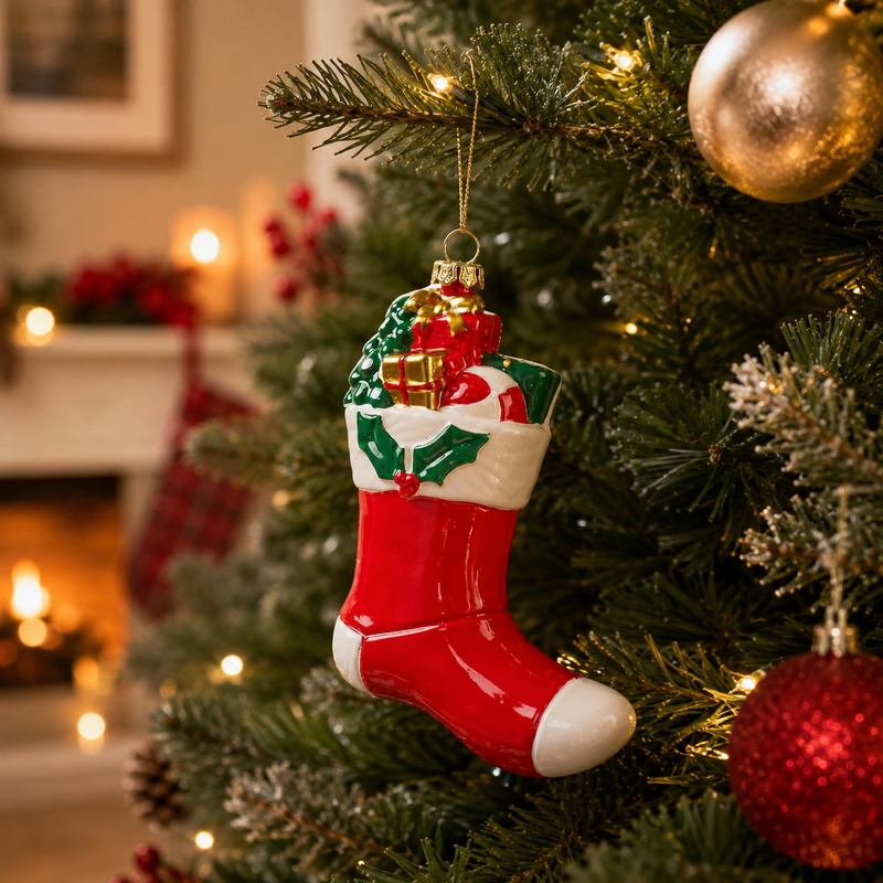 EDG Enzo De Gasperi Adorno Navidad Calcetín H 11 Cm L 9 Cm L 4 Cm Blanco Rojo