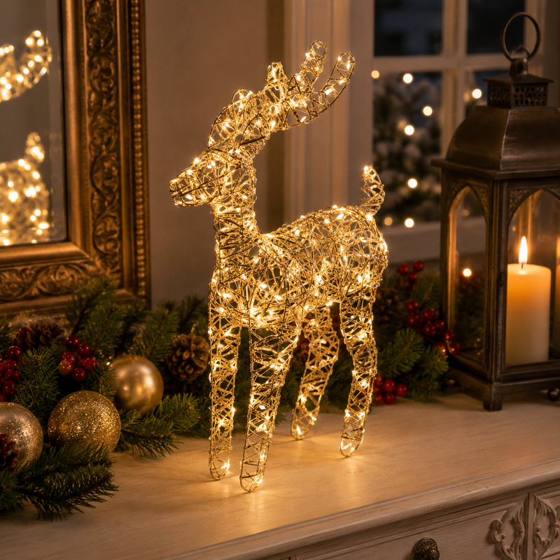 EDG Enzo De Gasperi Decoración Reno Navideño Led Trenzado 50 MicroLed H 60 Cm L 30 Cm L 15 Cm IP20 Gold
