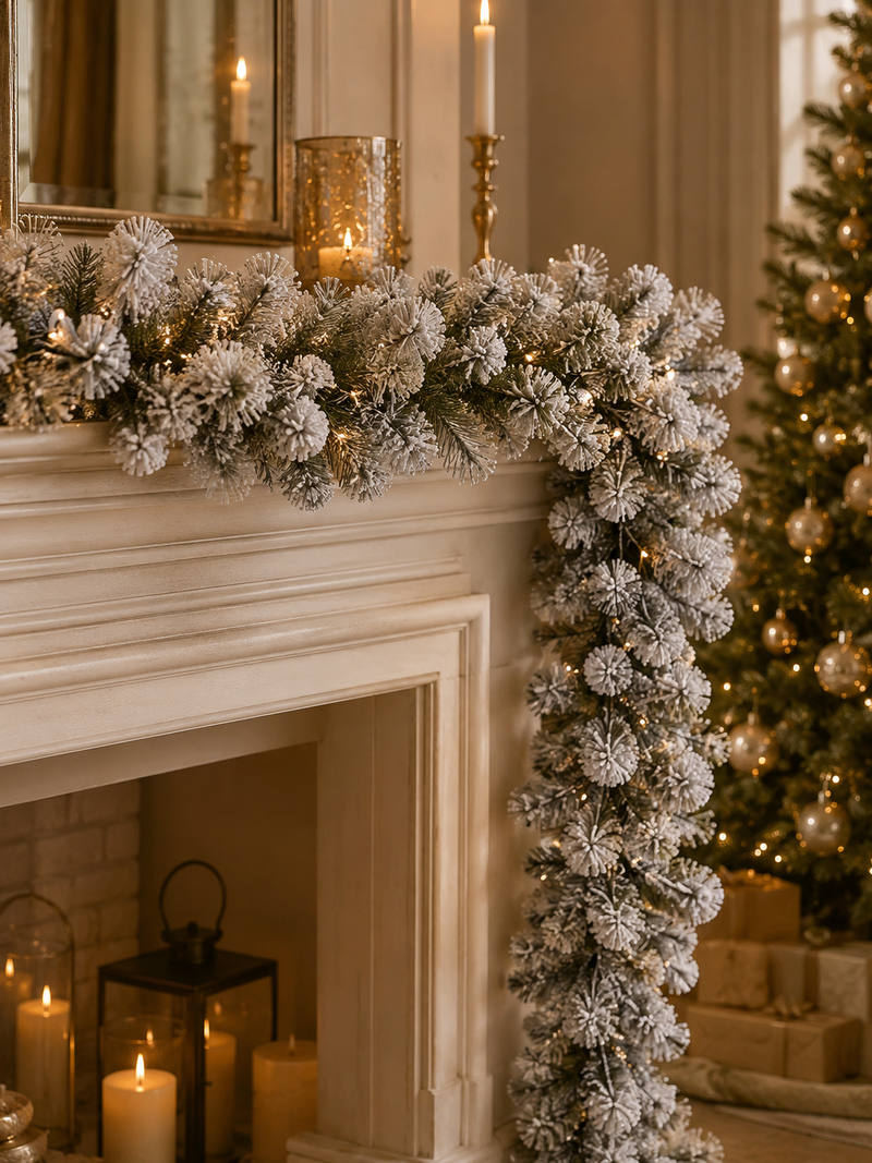 EDG Enzo De Gasperi Festón Navideño Pino Nevado L 270 Cm 180 Ramas Densas Blanco Verde