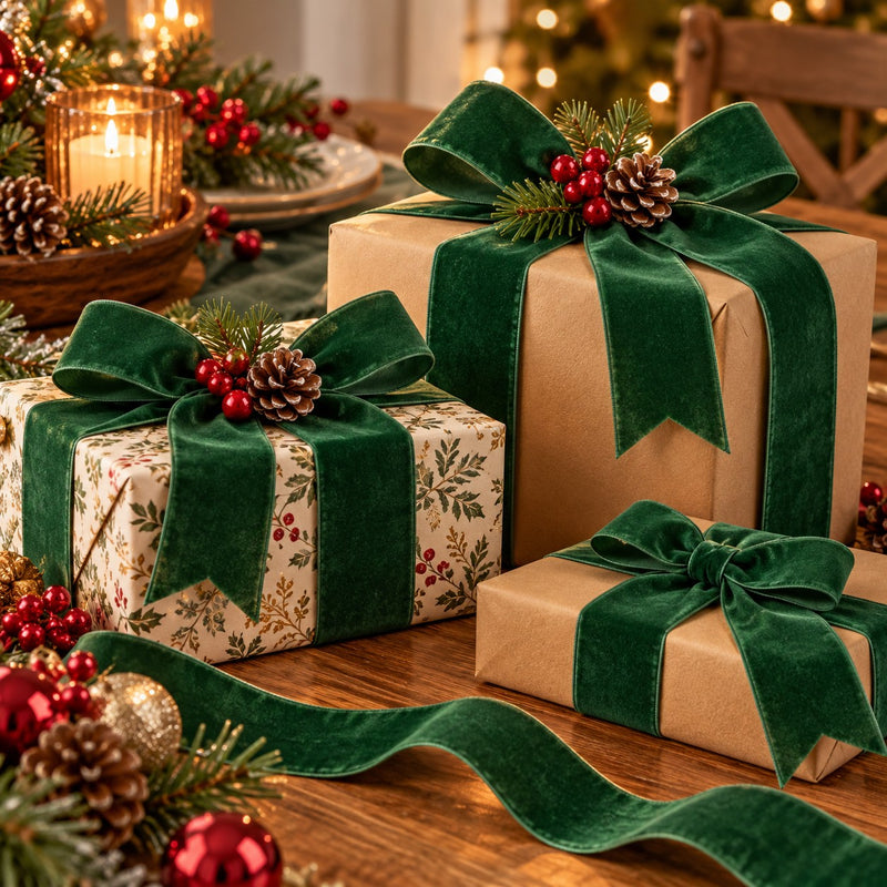 Piovaccari Nastro Natalizio Double Velvet Verde Scuro 25 mm x 7 m – Nastro in Velluto Decorativo per Albero di Natale, Fiocchi e Pacchi Regalo