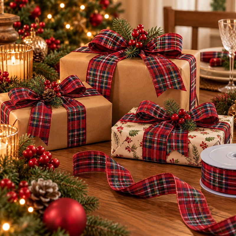 Piovaccari Cinta Navideña Tartán Rojo 25 mm x 20 m – Cinta Escocesa Decorativa para Árbol de Navidad, Lazos y Paquetes de Regalo