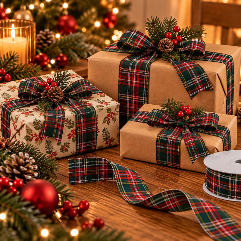 Piovaccari Cinta Navideña Tartán Verde y Rojo 38 mm x 20 m – Cinta Escocesa Decorativa para Árbol de Navidad, Lazos y Paquetes de Regalo