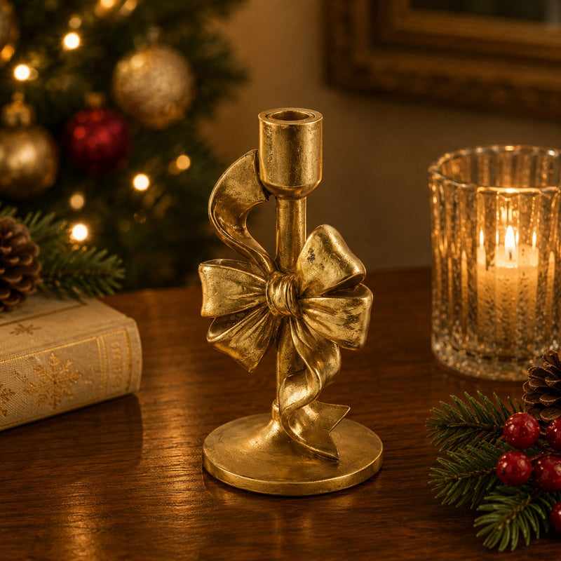 EDG Enzo De Gasperi Portavela Navideño con Lazo H22x11x11 cm Oro Oscuro – Decoración de Navidad
