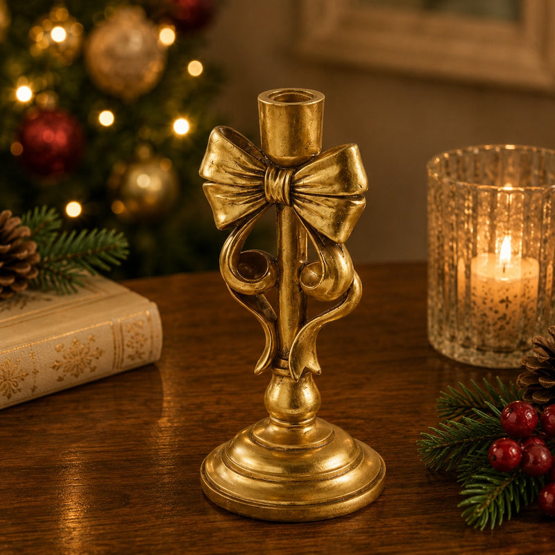 EDG Enzo De Gasperi Portavelas Navideño con Lazo H24x11,5x11,5 cm Oro Oscuro – Decoración de Navidad