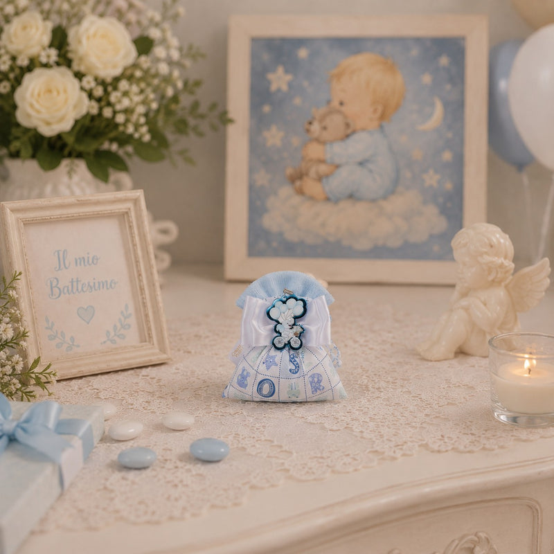 Creaciones para Enzo Saquito Bombonera Baby Letterina Azul Celeste 14x13 cm Portaconfites Paq 10 Uds