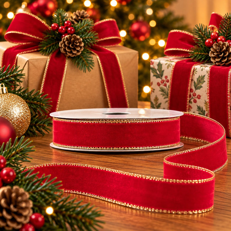 Piovaccari Cinta Velvet Dream Rojo 9 mm x 20 m – Cinta en Terciopelo Decorativa para Lazos, Empaques de Regalo, Adornos Navideños y Bricolaje