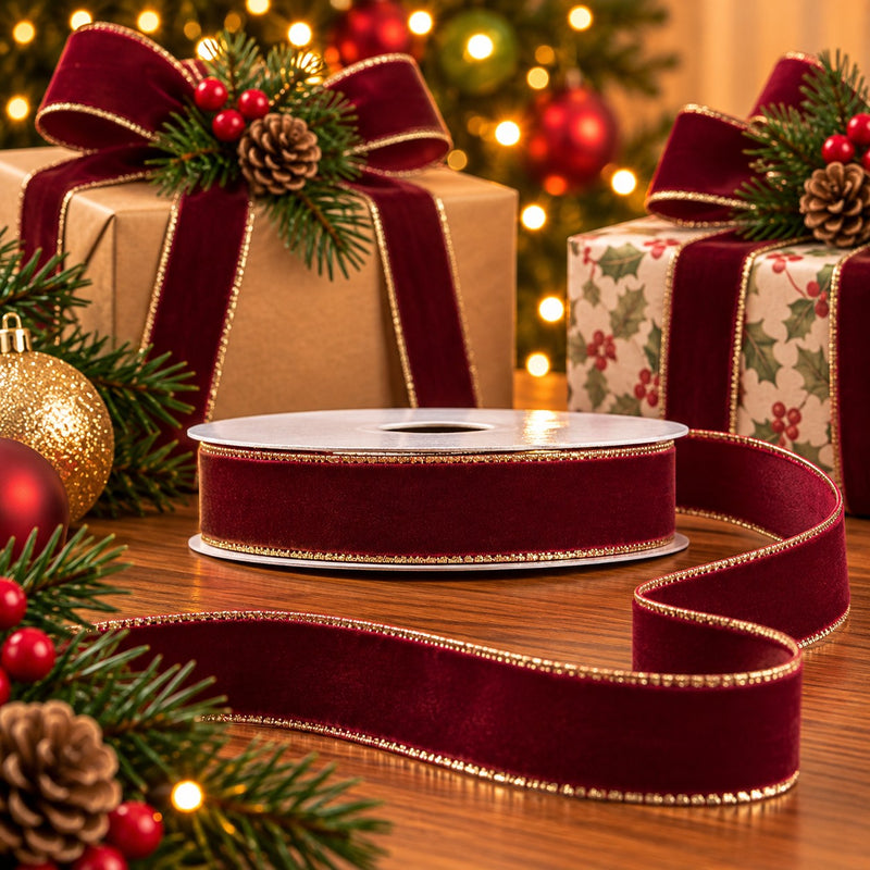 Piovaccari Cinta Velvet Dream Bordeaux 9 mm x 20 m – Cinta de Terciopelo Decorativo para Lazos, Empaques de Regalo, Adornos Navideños y Manualidades