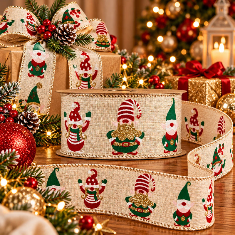 Piovaccari Cinta Navideña Elfs 63 mm x 10 m – Cinta Decorativa con Elfos de Navidad para Árbol, Lazos y Envoltorios de Regalo