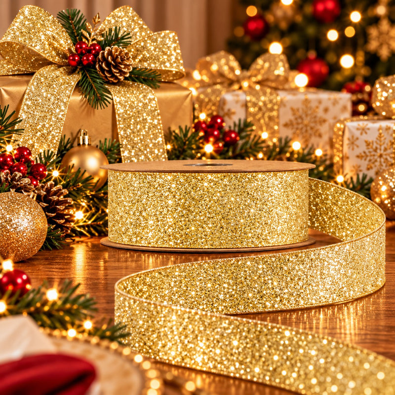 Piovaccari Cinta Desirée Glitter Oro 40 mm x 10 m – Cinta Navideña con Purpurina para Árbol de Navidad, Lazos y Envoltorios de Regalo