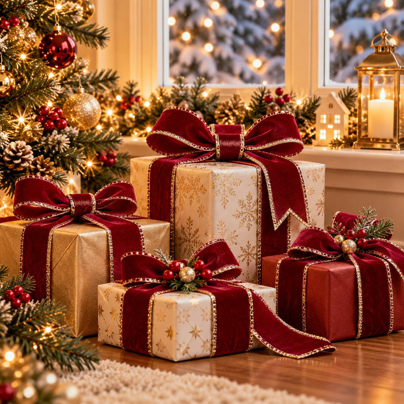 Piovaccari Cinta Double Sides Velvet & Glitter Rojo Oscuro 40 mm x 10 m – Cinta Navideña de Terciopelo y Glitter para Árbol de Navidad, Lazos y Envoltorios de Regalo