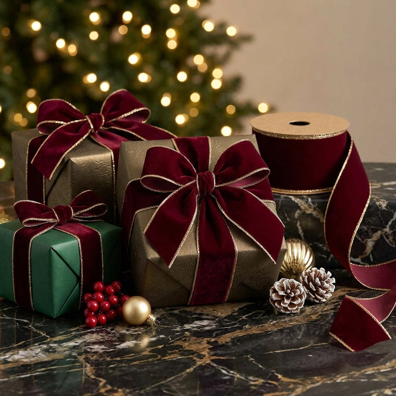 Piovaccari Cinta Double Sides Velvet & Glitter Rojo Oscuro 63 mm x 10 m – Cinta Navideña de Terciopelo y Glitter para Árbol de Navidad, Lazos y Envoltorios de Regalo