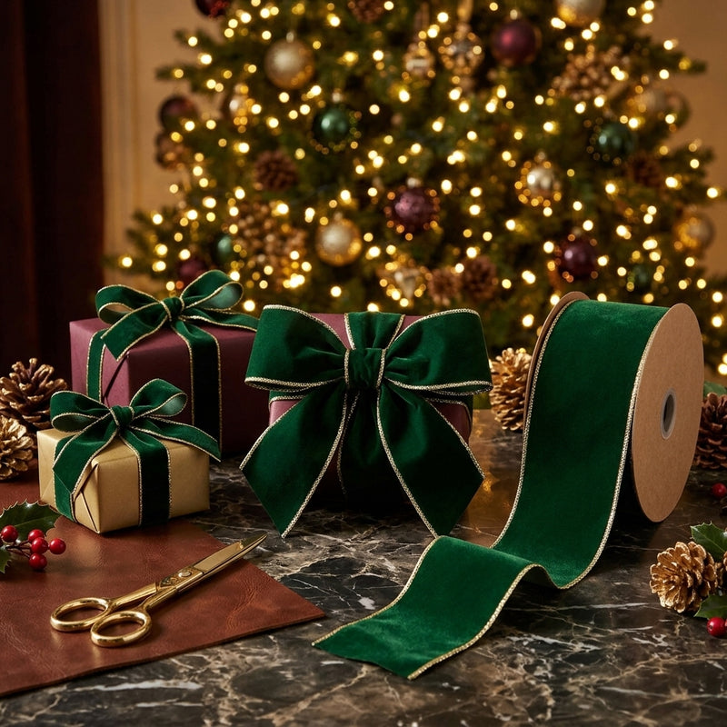 Piovaccari Cinta Double Sides Velvet & Glitter Verde Oscuro 63 mm x 10 m – Cinta Navideña de Terciopelo y Glitter para Árbol de Navidad, Lazos y Envoltorios de Regalo