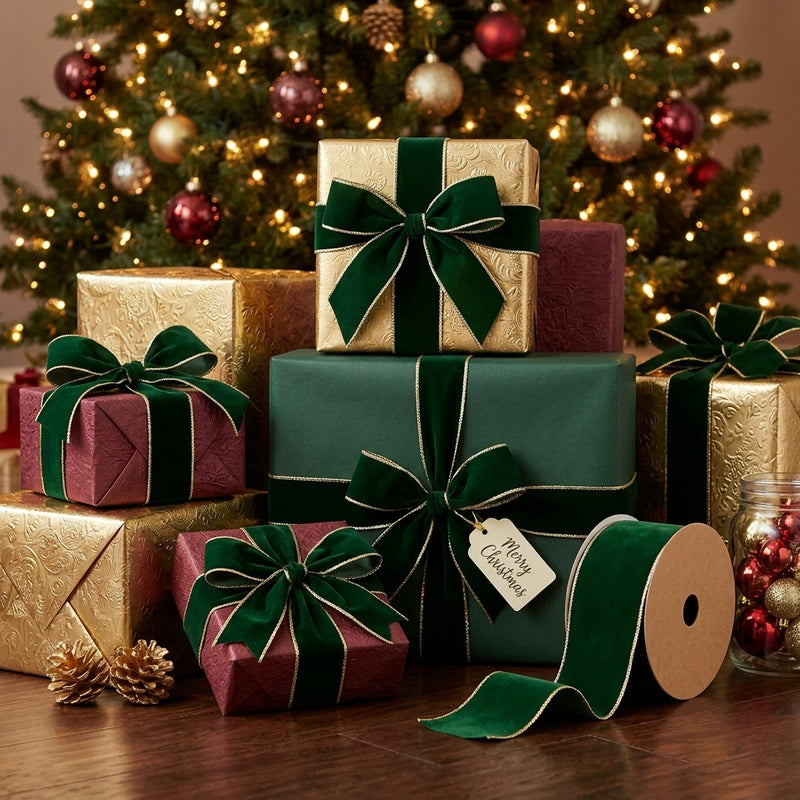 Piovaccari Cinta Double Sides Velvet & Glitter Verde Oscuro 100 mm x 10 m – Cinta Navideña de Terciopelo y Glitter para Árbol de Navidad, Lazos y Envoltorios de Regalo
