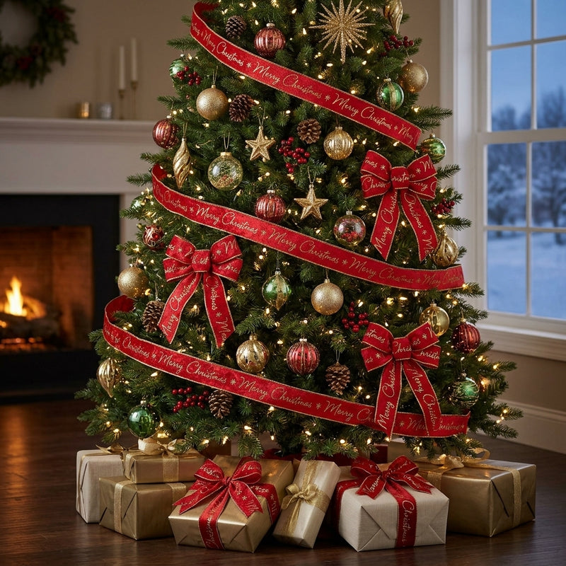 Piovaccari Cinta Merry Christmas 63 mm x 10 m – Cinta Decorativa Navideña con Mensaje Merry Christmas para Árbol de Navidad, Lazos y Envoltorios de Regalo
