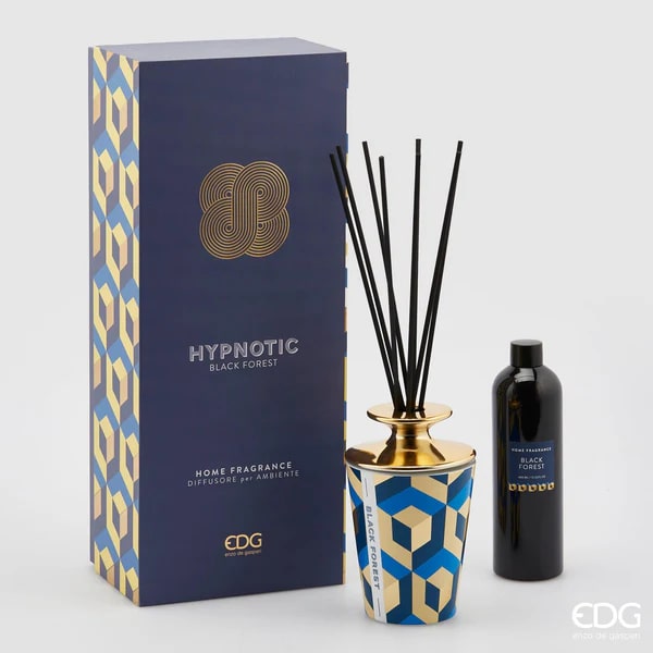 EDG Enzo De Gasperi Enzo de Gasperi Difusor de Ambientes para el Hogar con Varillas, Botella de Cerámica Brillante Hypnotic Midnight Garden 400ml 4 Variantes Bosque Negro
