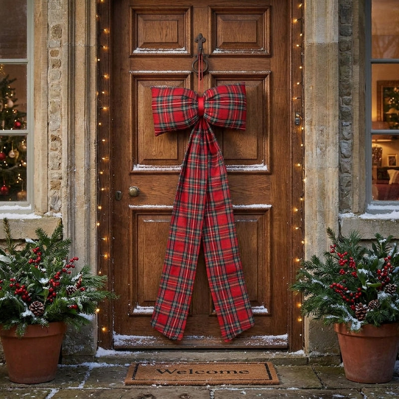Piovaccari Scottish Bow Lazo Navideño Escocés Rojo 30xH80 cm – Lazo Decorativo para Árbol de Navidad, Puertas, Guirnaldas y Adornos Navideños