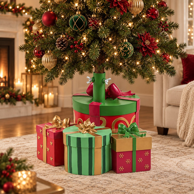 EDG Enzo De Gasperi Base Pino con Regali H31 L42 cm Rossa – Copribase per Albero di Natale