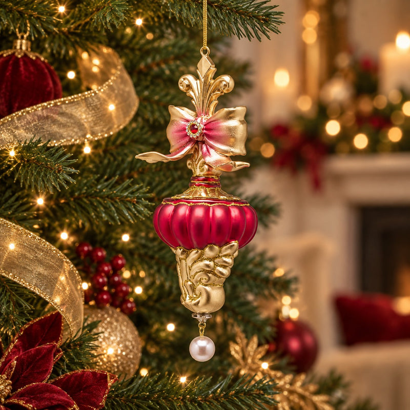 EDG Enzo De Gasperi Addobbo Trottola di Natale con Fiocco H20,5 Ø7 cm Rosso Oro – Decorazione per Albero di Natale