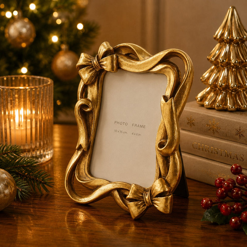 EDG Enzo De Gasperi Portarretratos Navideño con Lazo H20,5 cm Oro Oscuro – Decoración de Navidad