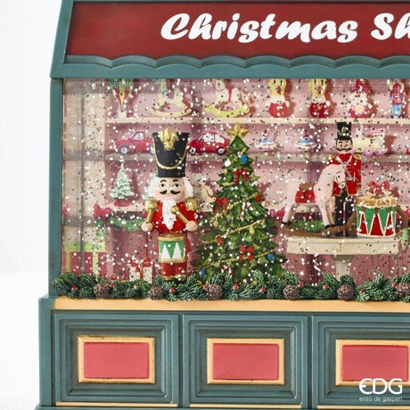 EDG Enzo De Gasperi Tienda Navideña LED H22x22x8 cm Verde Rojo con Música, Movimiento y Luces – Decoración de Navidad