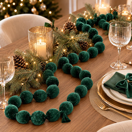 EDG Enzo De Gasperi Festón Navideño 28 Bolas en Terciopelo Verde Oscuro L180 cm – Decoración de Navidad